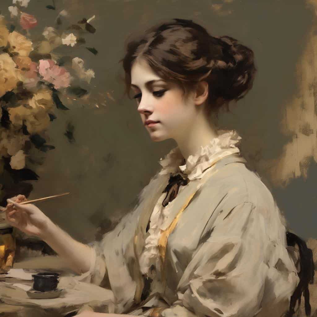 Ομορφη νεαρή γυναίκα ζωγραφίζει με ακουαρέλα, το έργο αντανακλά τον καθρέφτη του ασυνείδητου μέσα από την τέχνη.