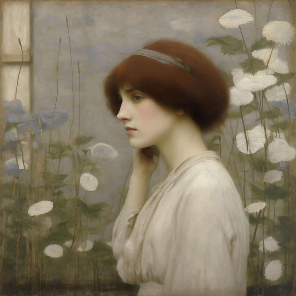 Έγχρωμος πίνακας με νεαρή γυναίκα που κοιτάζει στο πλάι, περιβαλλόμενη από λευκά λουλούδια, συμβολίζοντας την τέχνη και το ασυνείδητο.