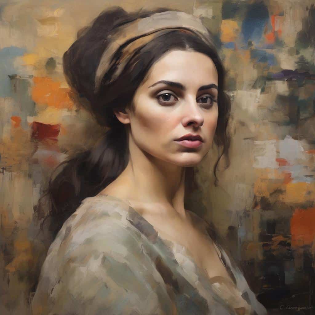 Αέρα έγχρωμης πορτρέτο μιας νεαρής γυναίκας με εκφραστικά μάτια και καστανά μαλλιά, σε καμβά με αφηρημένο φόντο.