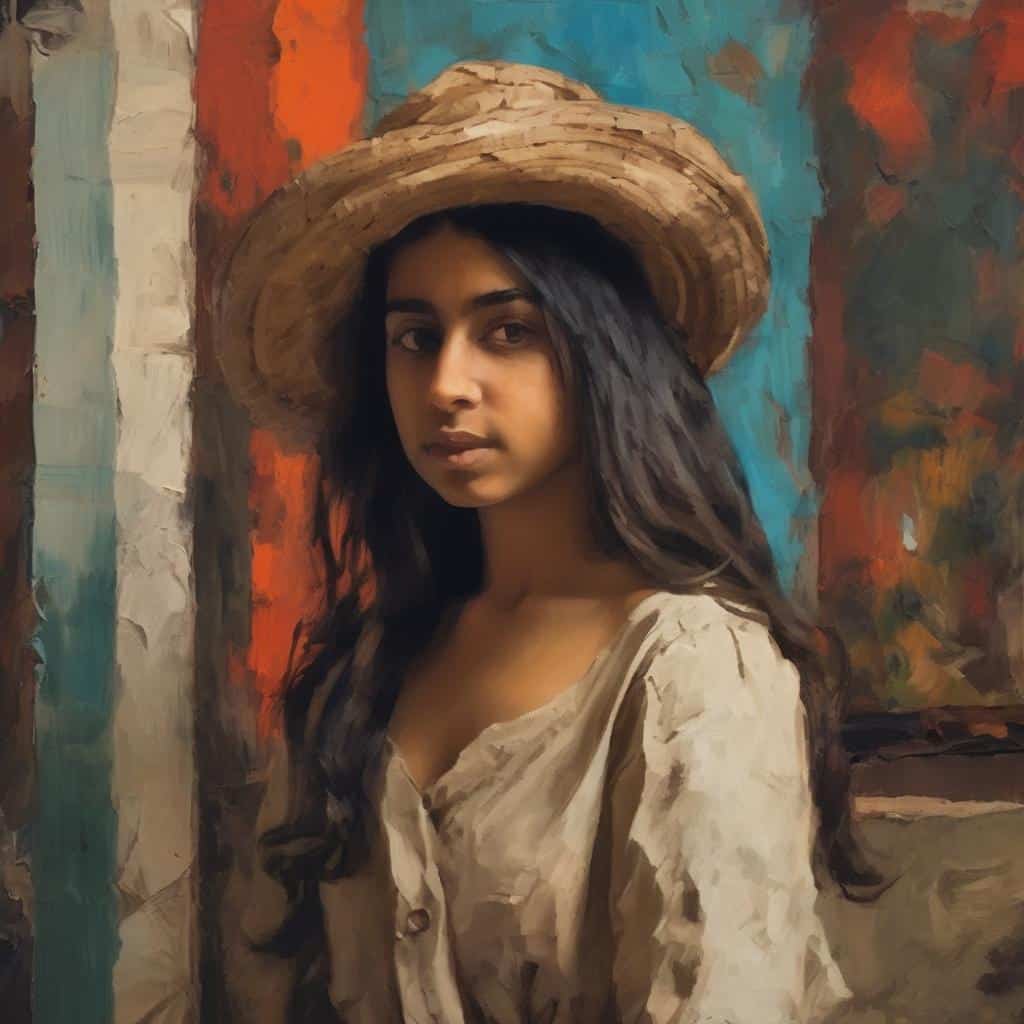 Γυναικεία πορτρέτο με καπέλο, τέχνη και ασυνείδητο, σύγχρονη ζωγραφική εικόνα.