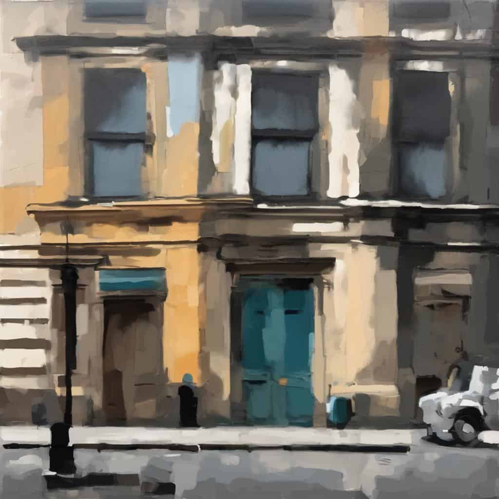 Ο πύργος της πόλης με πολύχρωμα παράθυρα και συμπαγή δομή, σε μια μοντέρνα καλλιτεχνική αποτύπωση.